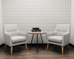 A minimalistic living space featuring two elegant armchairs and a stylish wooden table on a hardwood floor.