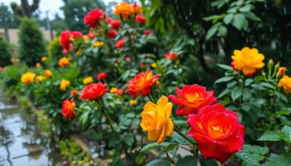 A peaceful garden after rainfall, with vibrant red and yellow roses covered in fresh raindrops, Small puddles reflect the flowers and surrounding greenery, while the air feels fresh and humid.