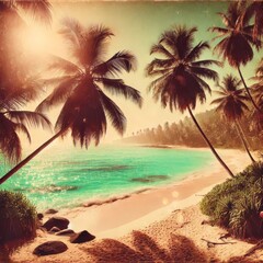 Tropical sandy ocean beach with palm trees vintage toned with film distress flare
