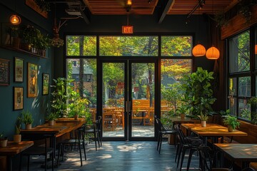 Fototapeta premium Modern cafe's front door with large windows and welcoming ambiance