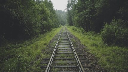 Obraz premium Train tracks disappearing into a lush green forest.