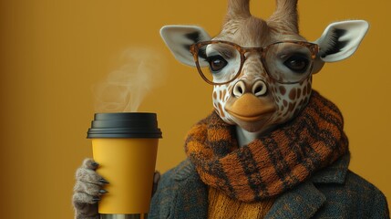 Anthropomorphic giraffe wearing tortoiseshell glasses and a cozy plaid scarf, holding a steaming coffee cup against a mustard yellow background with copy space for cozy or fall-themed promotions