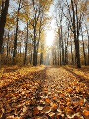 Sunlit autumn forest path, golden leaves carpet ground, bright, gold, october