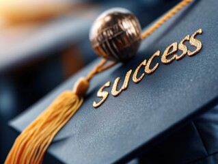 A close-up of a graduation cap with success written on it, showcasing the symbolism of progress, this image embodies academic achievement and future aspirations The golden tassel and lettering