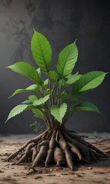 Detailed animation of green cassava leaves unfolding from a root, cassava leaf animation, botanical animation