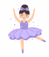 Dancing princess ballerina in a purple dress. Flat vector illustration.