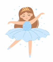 Fototapeta premium Dancing cute princess ballerina in a blue dress. Flat vector illustration.