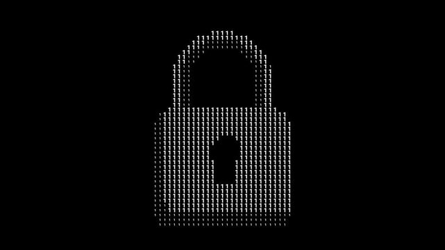 Binary code with padlock icon. Digital security, Antivirus concept. Transparent background. 4K resolution