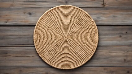 Wicker straw place mat on wooden dark background. Round woven straw mat on wooden gray dining table. Menu, dining, eating concept. Top view, copy space