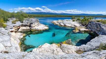 Crystal Clear Turquoise Cove  Rocky Coastline  Summer Landscape