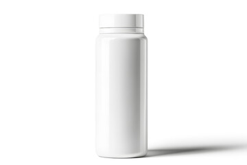Sleek modern white plastic milk bottle with minimalist luxurious design against on white background with light and shadow. Elegant branding elements giving premium. Products, packaging design.