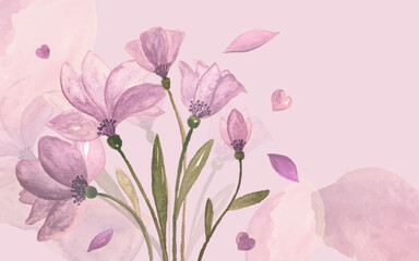 Background frame with violet flowers and leaves in watercolour style in vector.
