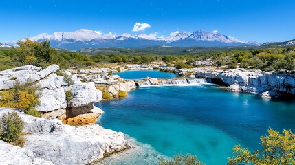 Turquoise River  Mountain Landscape  Waterfall  Nature
