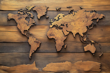 World map on wooden texture. generative AI