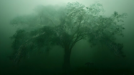 Enigmatic Tree in a Foggy Forest: A Dark and Dreamlike Landscape