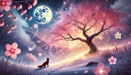 Naklejka premium Moonlit Symphony of Sakura and Snow in a Dreamlike Landscape