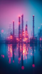 Fototapeta premium Industrial Reflections, Stunning Futuristic Manufacturing Landscape in Vibrant Neon Colors at Night