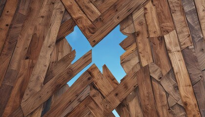 A blue and brown color scheme with wooden planks arranged in a zigzag pattern against the blue sky , composition, abstract art, layered