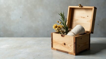 A rustic wooden box holds a delicate arrangement of dried flowers and a soft fabric item