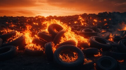 Burning Tires in an Open Landfill at Sunset