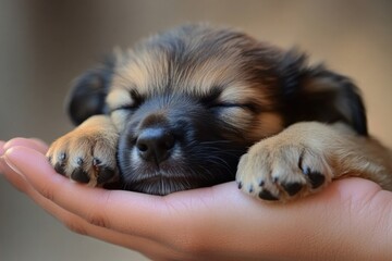 close-up of puppy paw resting on human hand set against softly blurred background