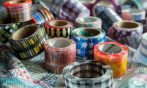 Various colorful rolls of adhesive tape with different patterns on textured fabric