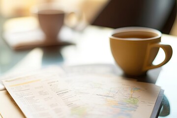 close-up of travel itinerary and coffee cup placed on desk photographed with blurred background