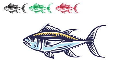 BIG TUNA, MAGURO FISH LOGO, silhouette of giant fish swimming vector illustrations