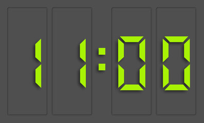 Digital clock with green numbers and dark background, showing 11 o'clock. 