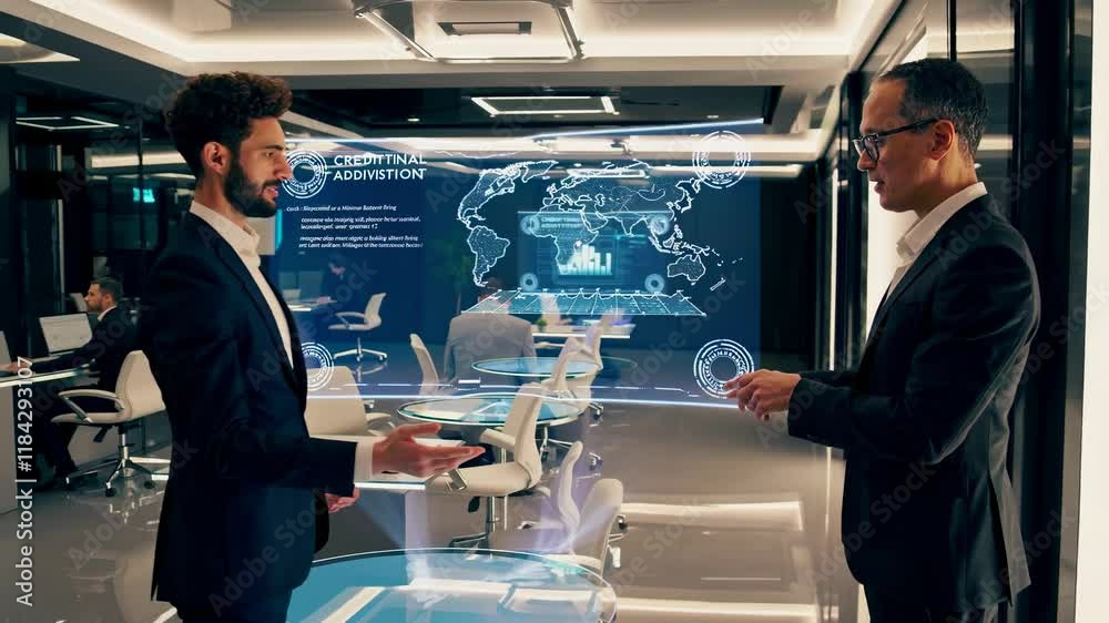 Poster modern office interior showcasing advanced technology and collaborative workspaces in a sleek enviro