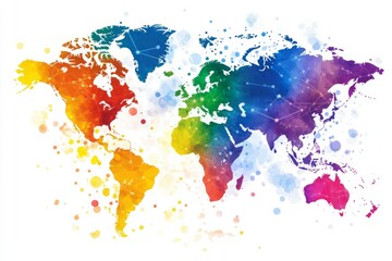 Naklejka premium Abstract colorful world map with global network connections on white. Vector illustration, bold lines, flat colors, minimalism.