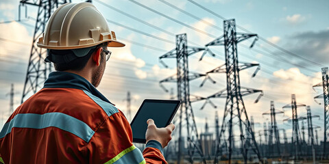 Back view of Manager Engineering in standard safety uniform working inspect the electricity high voltage pole