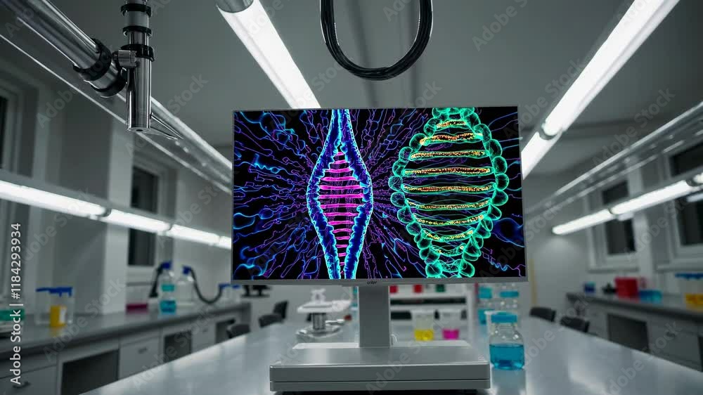 Poster visualization of molecular structures in modern laboratory setting showcasing dna and rna patterns
