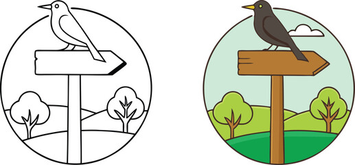 Bird on Signpost Coloring Page, Nature, Landscape, Trees, Birds, Spring, Summer, Wood, Arrow, Guide