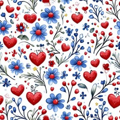 Vibrant Floral seamless pattern with Red Hearts and Blue Flowers on White Background for Stylish Design Projects