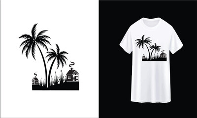 Vector Illustration With Palms, Sunset and Birds for T-Shirt Print | Miami Vibes Summer Graphic summer Hand Drawn Palm tree sunset beach, vintage tropical retro beach t shirt design, vector palm beach