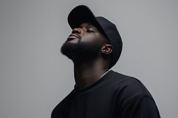 Young african man in black cap and shirt with upward gaze on gray background