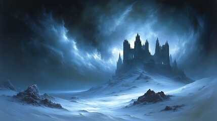 Gothic Castle on a Frozen Mountain Under a Night Sky