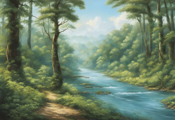 Obraz premium Peaceful river flowing through a lush green forest.