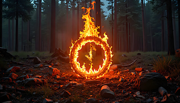 Burning rune Eihwaz in a ring of fire in a magical forest