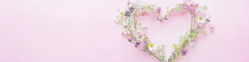 Obraz na płótnie Canvas delicate watercolor-style illustration of heart-shaped wreath made of wildflowers on pastel pink background