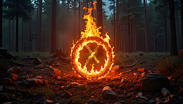 Burning rune Gebo in a ring of fire in a magical forest