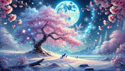 A Serene Horizontal Fantasy Painting of Snowy Cherry Blossoms Under Moonlit Night with Dancing Petals and Wolves
