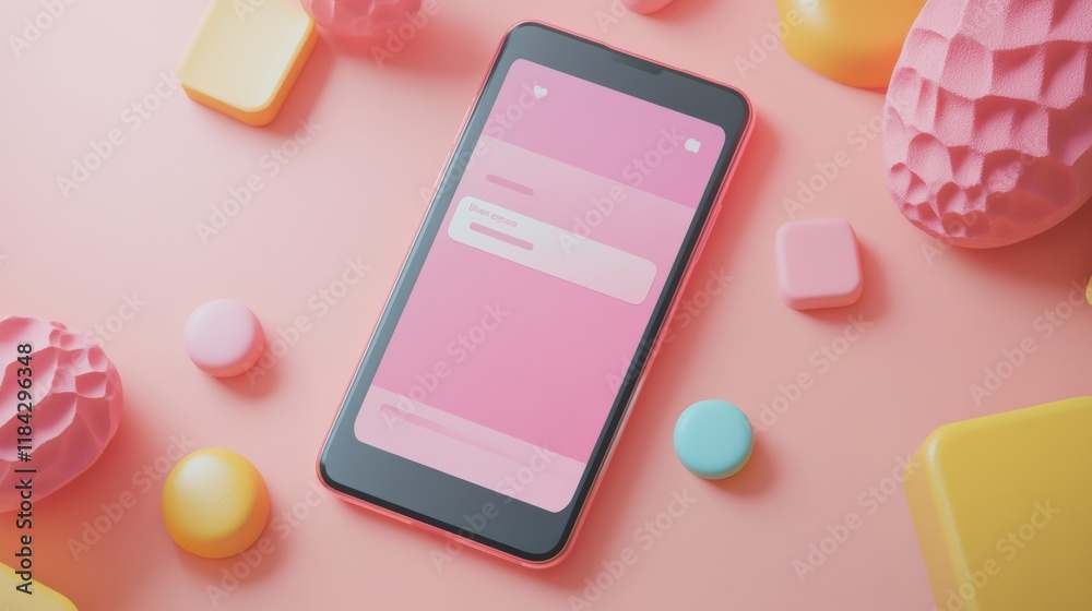 Poster Close up view of a modern smartphone showing a bright messenger chat surrounded by colorful geometric shapes. Generative AI