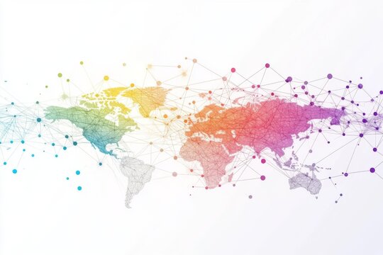 Abstract world map with colorful global network connections. Vector illustration on a white background, flat color style, simple line drawing using rainbow colors.