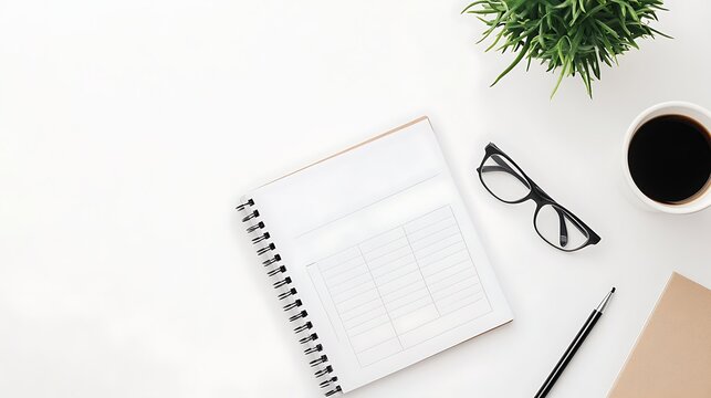 Sleek and Minimalistic Workspace Featuring a Planner, Coffee, Glasses, and Green Plant for Productive and Organized Living