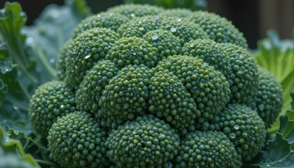 Close-up of a fresh broccoli head covered in water droplets.