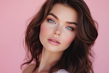 Fototapeta premium A beautiful woman with blue eyes and dark brown hair, wearing makeup, poses against a pastel pink background for an aesthetic portrait shoot