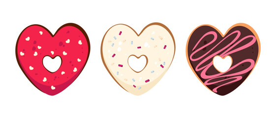 Collection of heart shaped donuts. Elements for Valentine's Day, Birthday. Vector illustration.