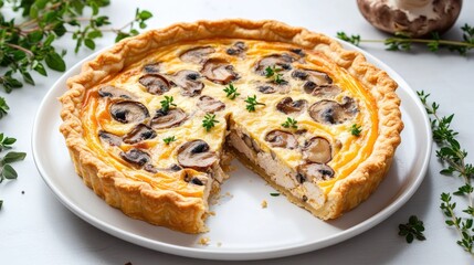 freshly baked chicken and mushroom quiche sliced and displayed on clean white plate surrounded by herbs and leaving